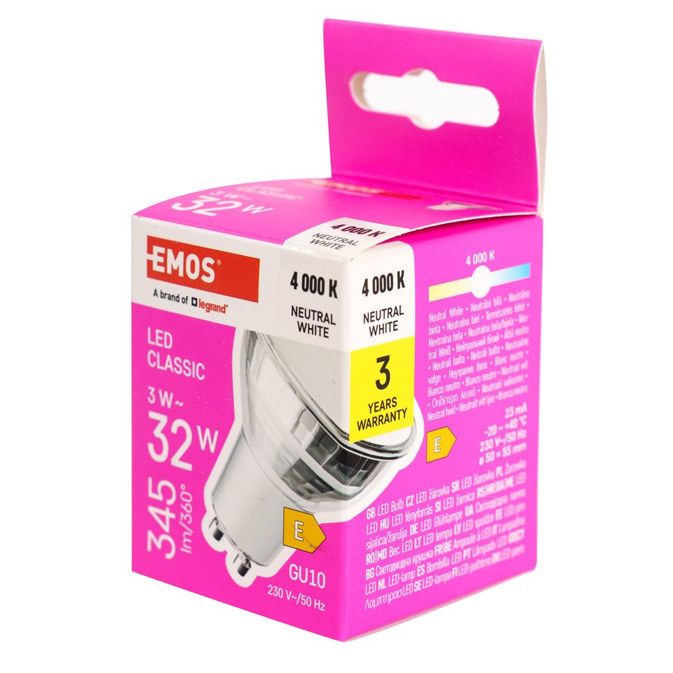 LED Bulb neutral white, GU10 3W, 345lm, 4000K, H5.5x5x5cm