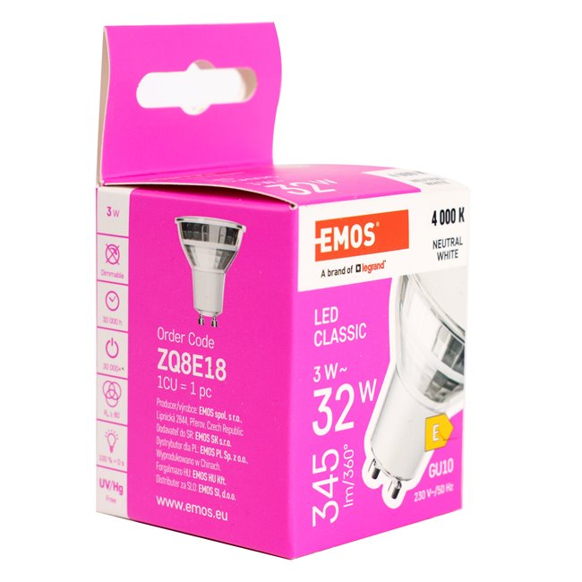 LED Bulb neutral white, GU10 3W, 345lm, 4000K, H5.5x5x5cm