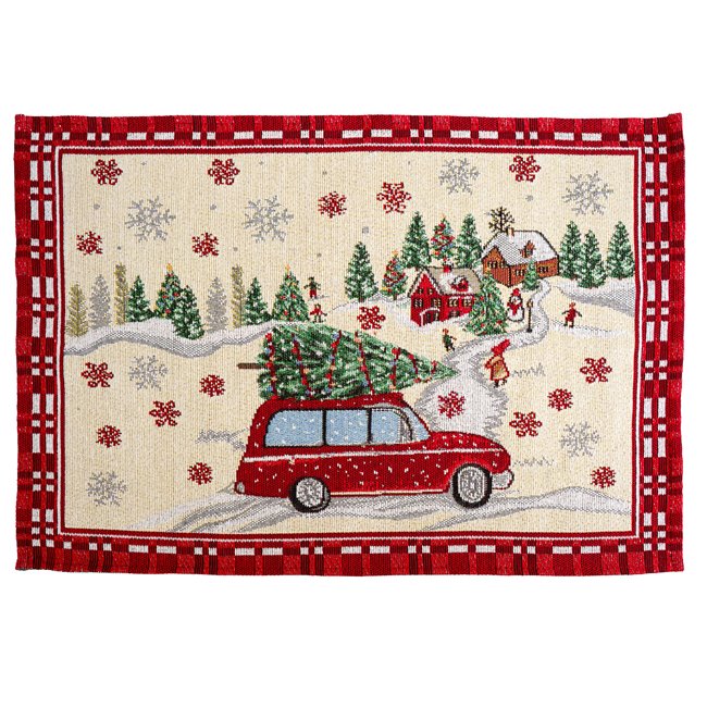 Placemat Christmas car deco, beige/red, 48x33cm