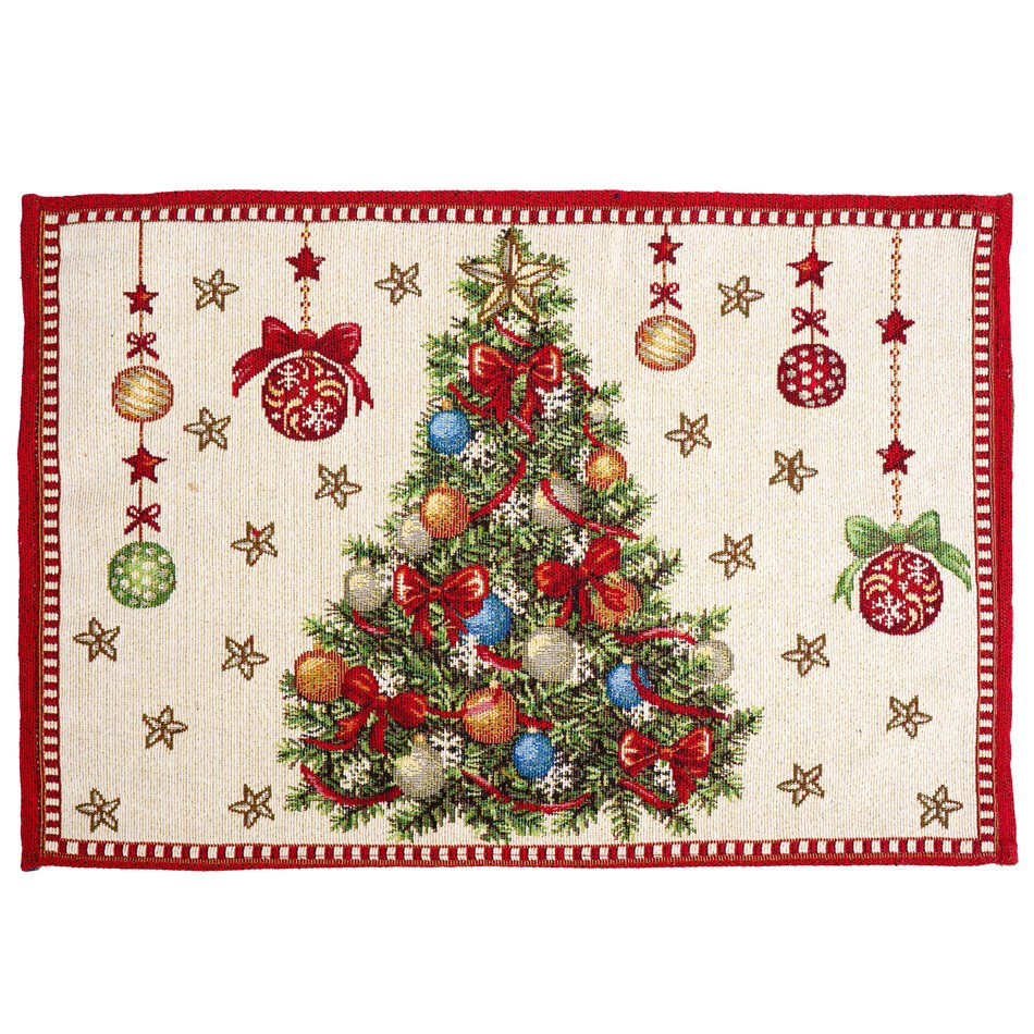 Placemat Christmas tree decor, beige/red, 48x33cm