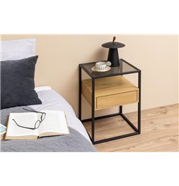 Bedside table Andolf, natural/black, tempered glass/steel, H60x35x40cm