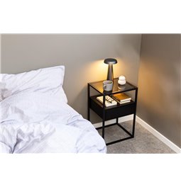 Bedside table Andolf, black, tempered glass/steel, H60x35x40cm