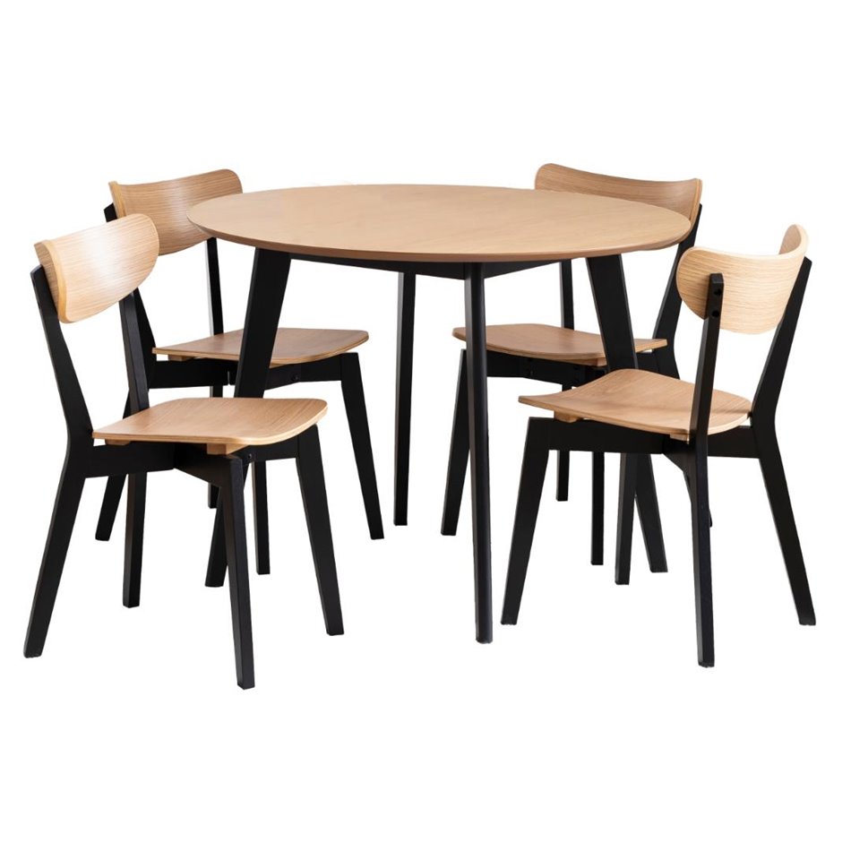 Dining table with 4 chairs Aroxby, natural/black, H76cm D105cm