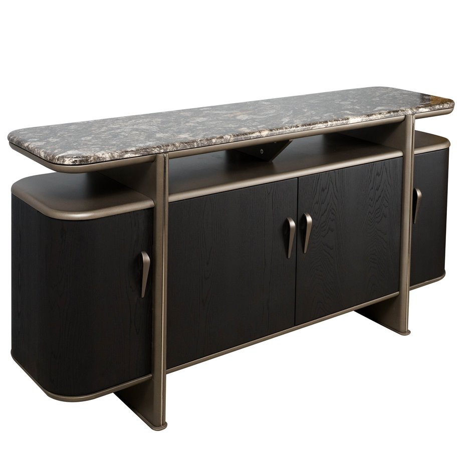 Sideboard Savelli black, metal/artificial marble/MDF/wood veneer, H77x150x40cm