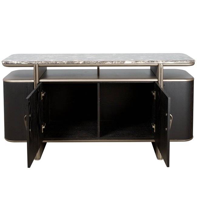 Sideboard Savelli black, metal/artificial marble/MDF/wood veneer, H77x150x40cm
