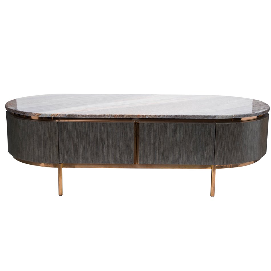 Coffee table Sanden, artificial marble/silver oak wood veneer/MDF/metal,130x60cm H38.3cm