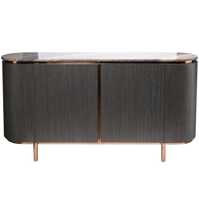 Side table Sanden, artificial marble/silver oak wood veneer/MDF/metal/glass, 160x40cm H75cm