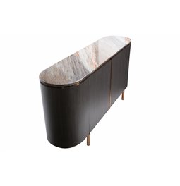 Side table Sanden, artificial marble/silver oak wood veneer/MDF/metal/glass, 160x40cm H75cm