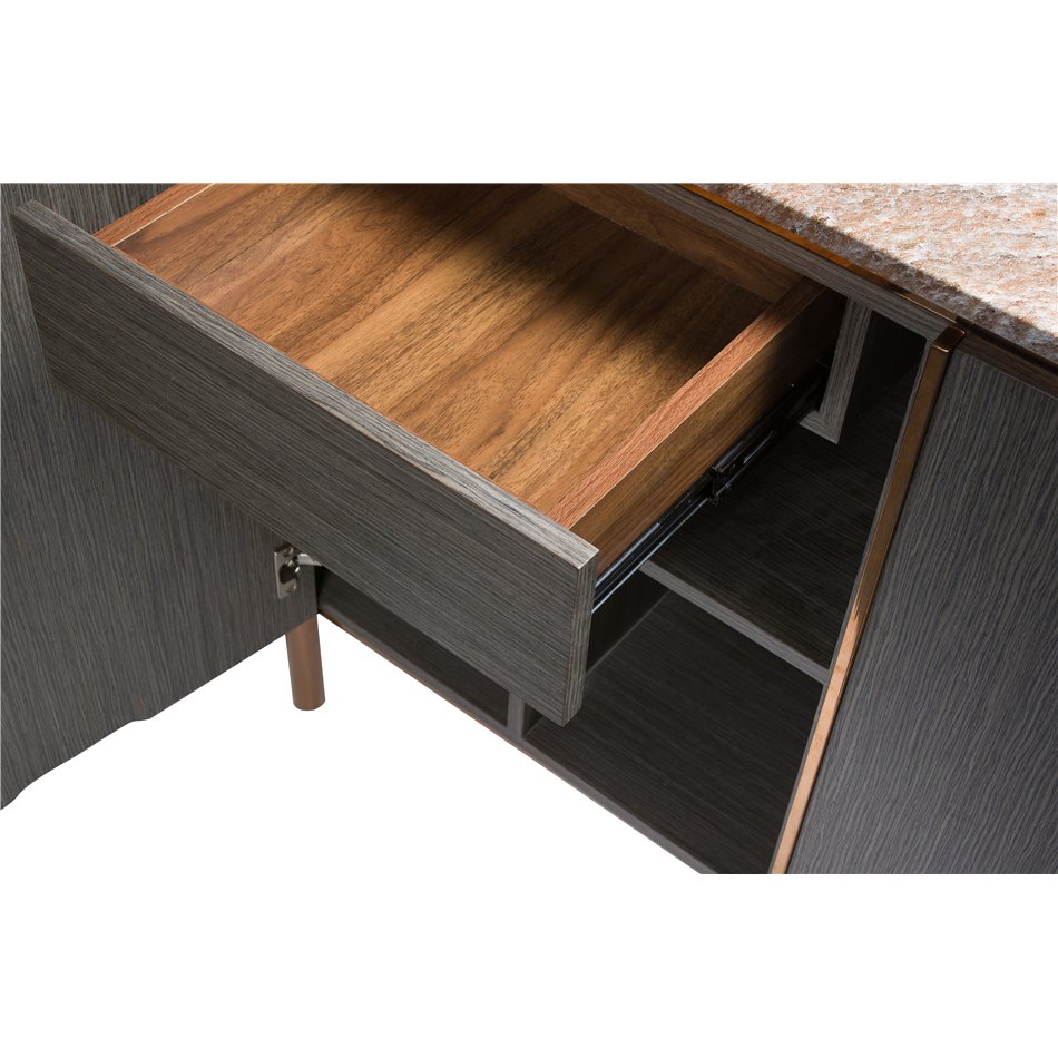 Side table Sanden, artificial marble/silver oak wood veneer/MDF/metal/glass, 160x40cm H75cm