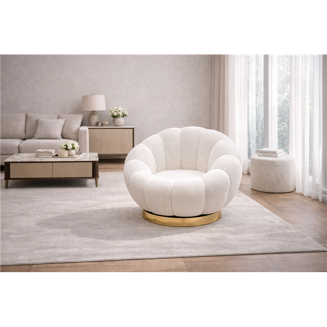 Swivel leisure chair Valdo, white/gold color, rotatable 360 degrees, H75x101x99cm, seat height 40cm