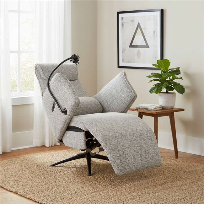 Electric recliner Olivy 112, 2 motors, gray-white, rotatable 360 degrees, H86-115x76x74-171cm, seat height 44-48cm