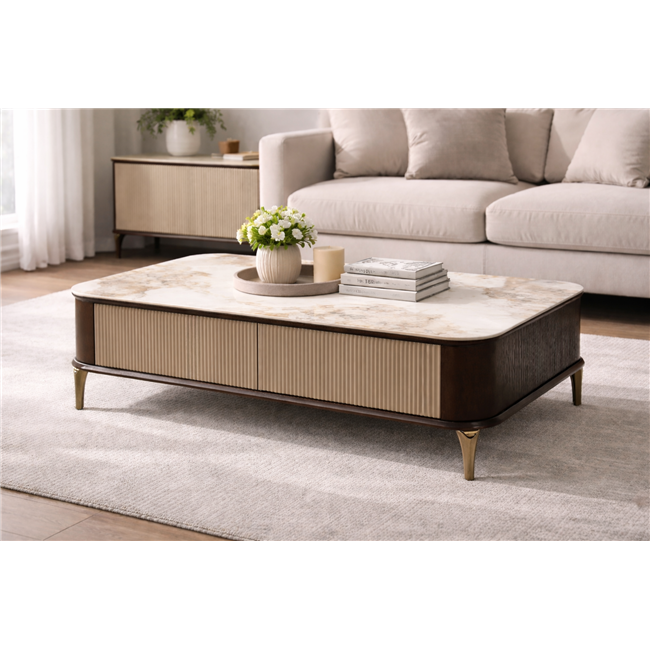 Coffee table Sarenno, sintered stone/MDF/ash veneer/metal, 130x70cm H40cm