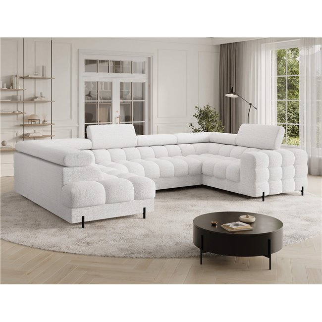 U-shaped sofa Efectory L, sleeping function, Royal 01, boucle, white, H93x346x205cm