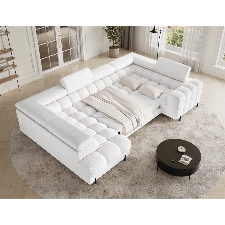U-shaped sofa Efectory L, sleeping function, Royal 01, boucle, white, H93x346x205cm