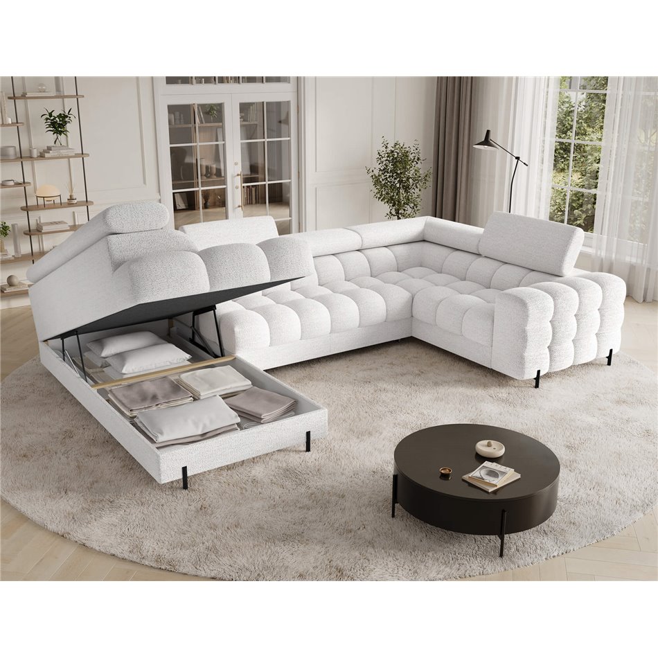 U-shaped sofa Efectory L, sleeping function, Royal 01, boucle, white, H93x346x205cm