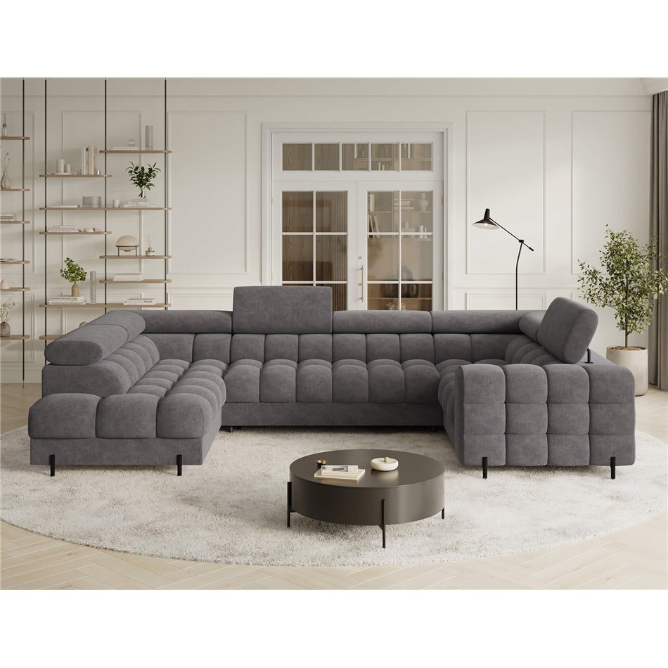 U-shaped sofa Efectory L, sleeping function, Aura 04, velvet, grey, H93x346x205cm