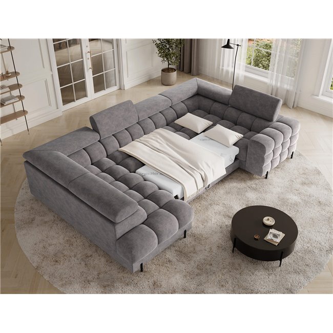 U-shaped sofa Efectory L, sleeping function, Aura 04, velvet, grey, H93x346x205cm