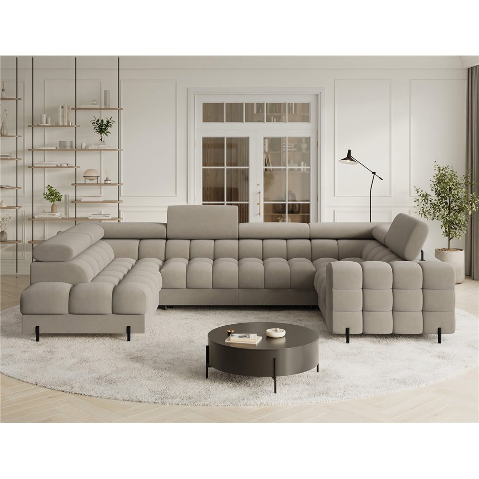 U-shaped sofa Efectory L, sleeping function, Aura 18, velvet, beige, H93x346x205cm