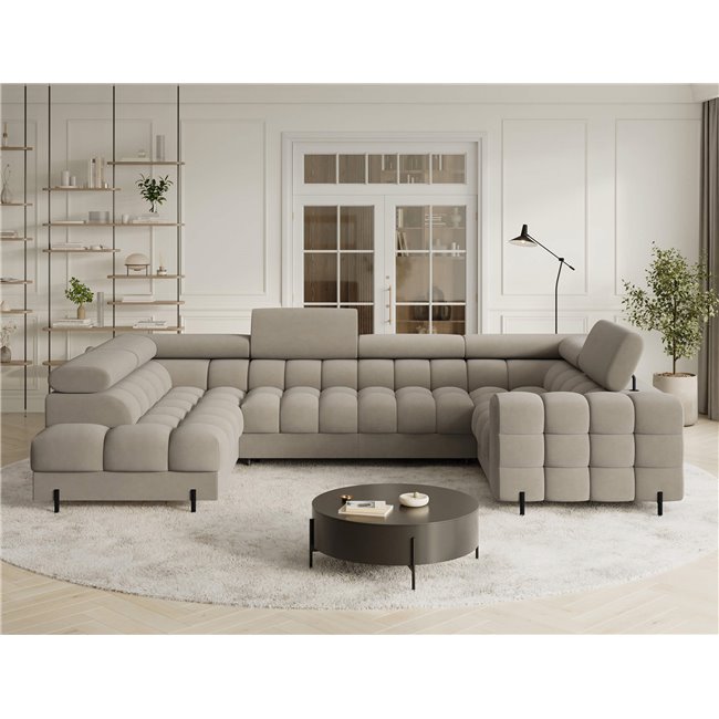U-shaped sofa Efectory L, sleeping function, Aura 18, velvet, beige, H93x346x205cm