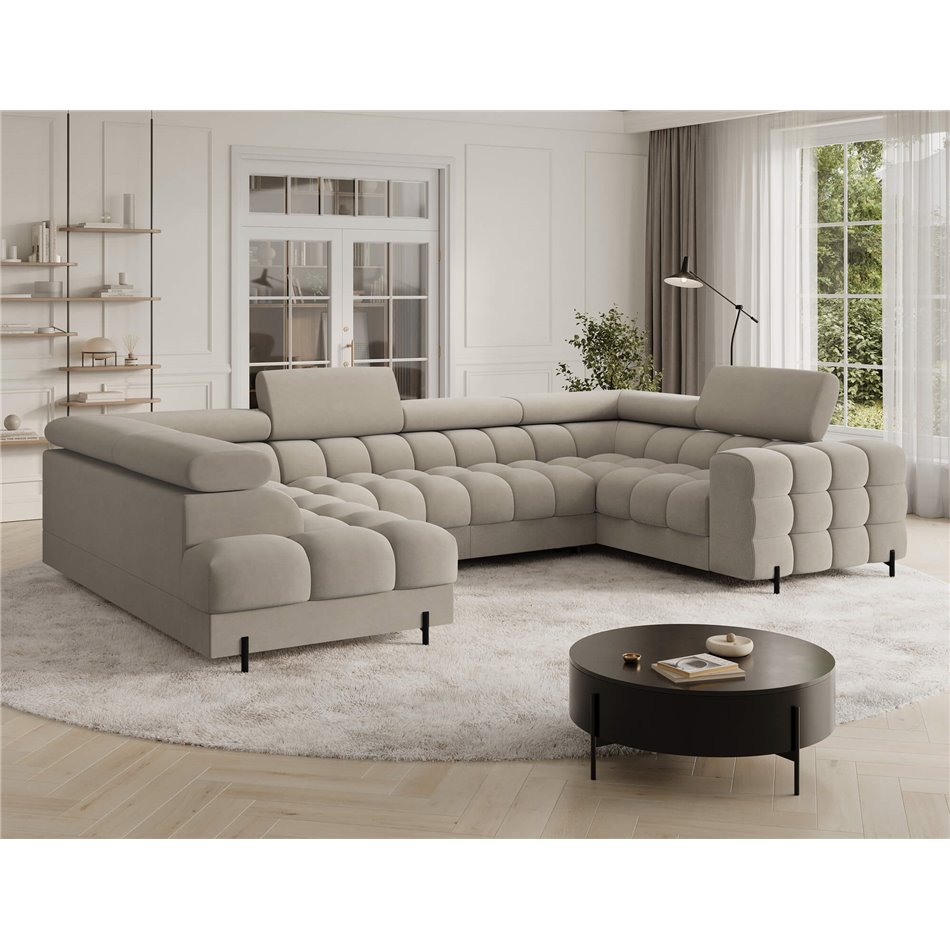 U-shaped sofa Efectory L, sleeping function, Aura 18, velvet, beige, H93x346x205cm