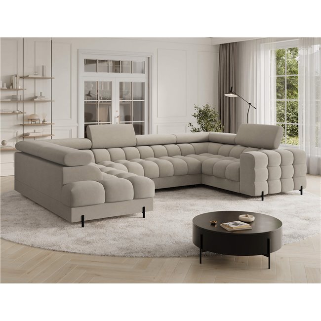 U-shaped sofa Efectory L, sleeping function, Aura 18, velvet, beige, H93x346x205cm