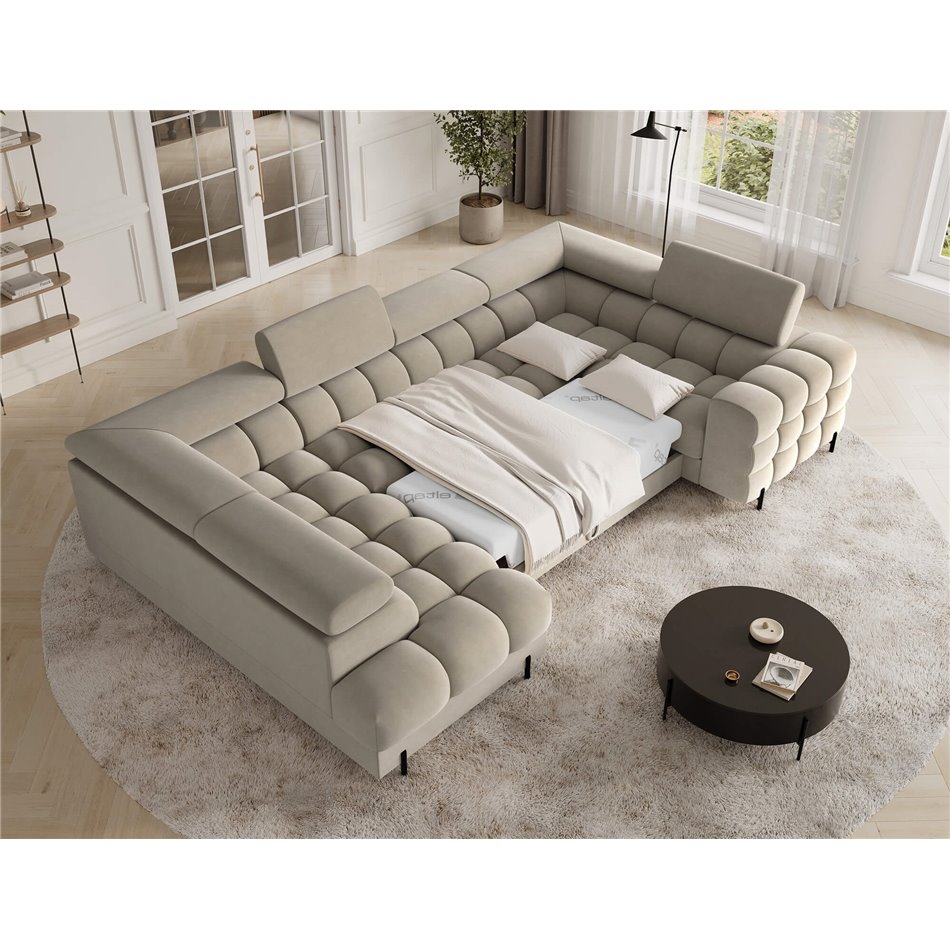 U-shaped sofa Efectory L, sleeping function, Aura 18, velvet, beige, H93x346x205cm
