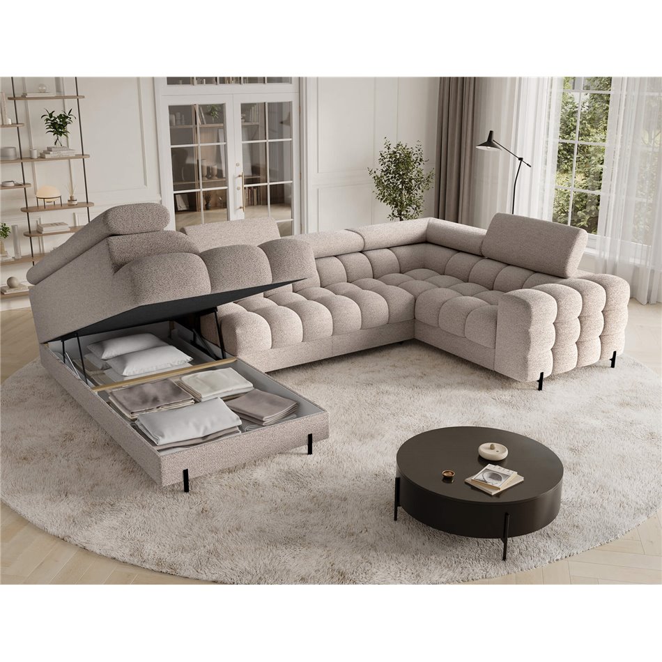 U-shaped sofa Efectory L, sleeping function, Royal 18, boucle, beige, H93x346x205cm