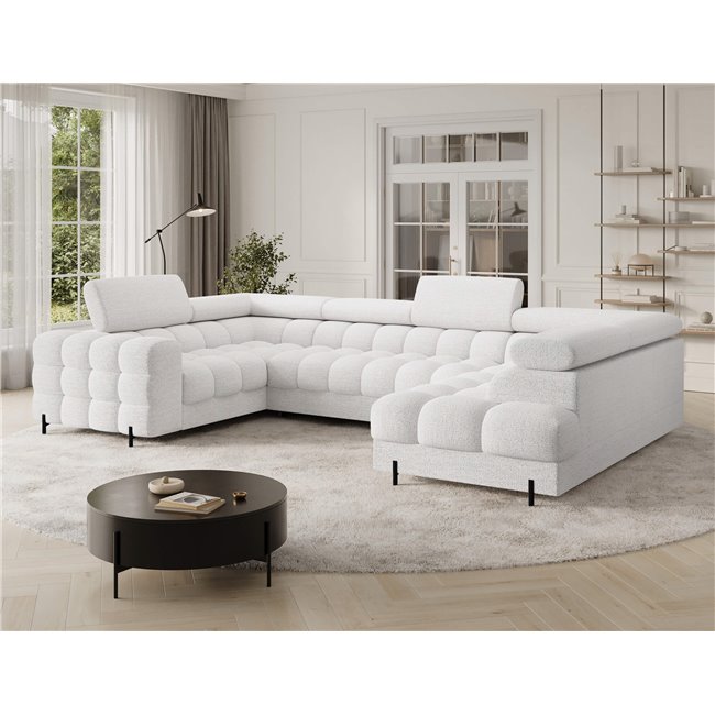 U-shaped sofa Efectory R, sleeping function, Royal 01, boucle, white, H93x346x205cm