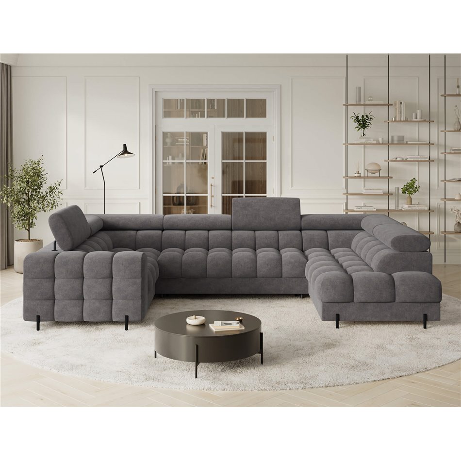 U-shaped sofa Efectory R, sleeping function, Aura 04, velvet, grey, H93x346x205cm