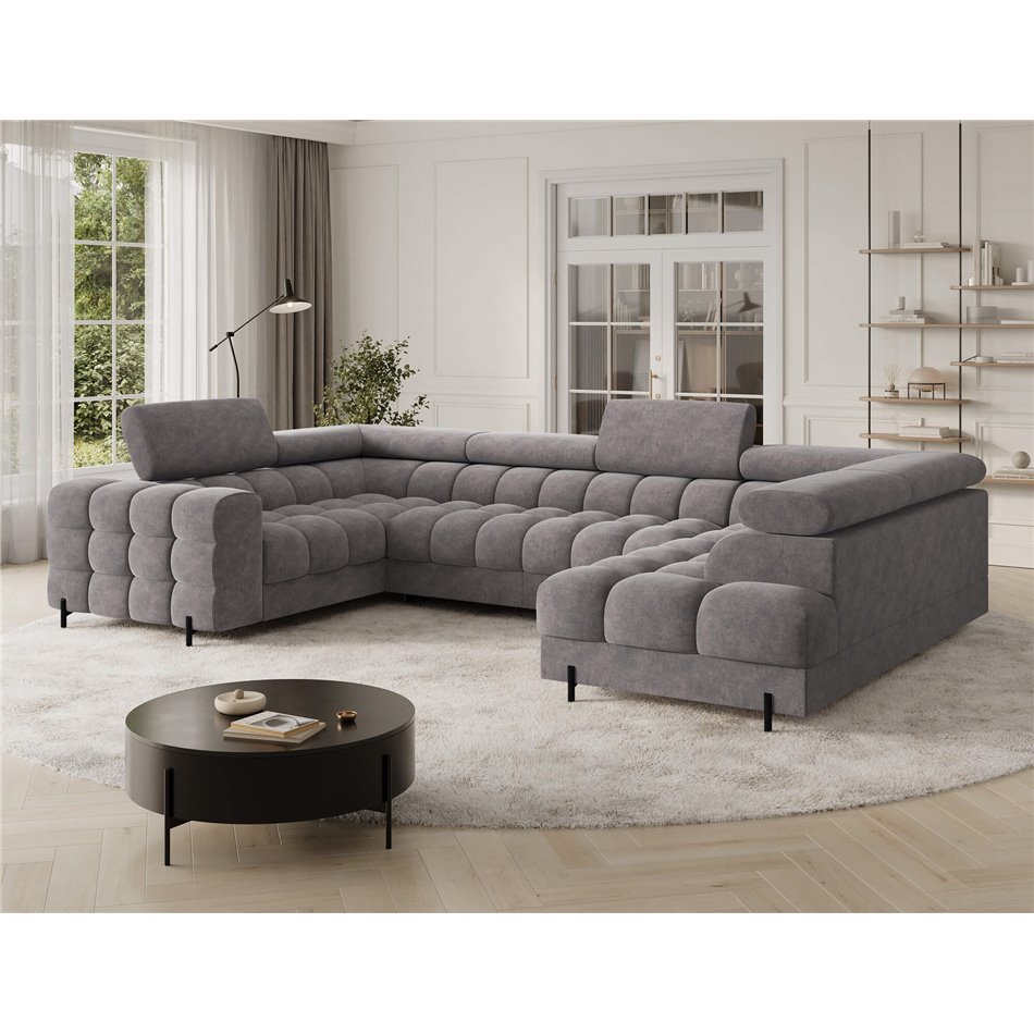 U-shaped sofa Efectory R, sleeping function, Aura 04, velvet, grey, H93x346x205cm