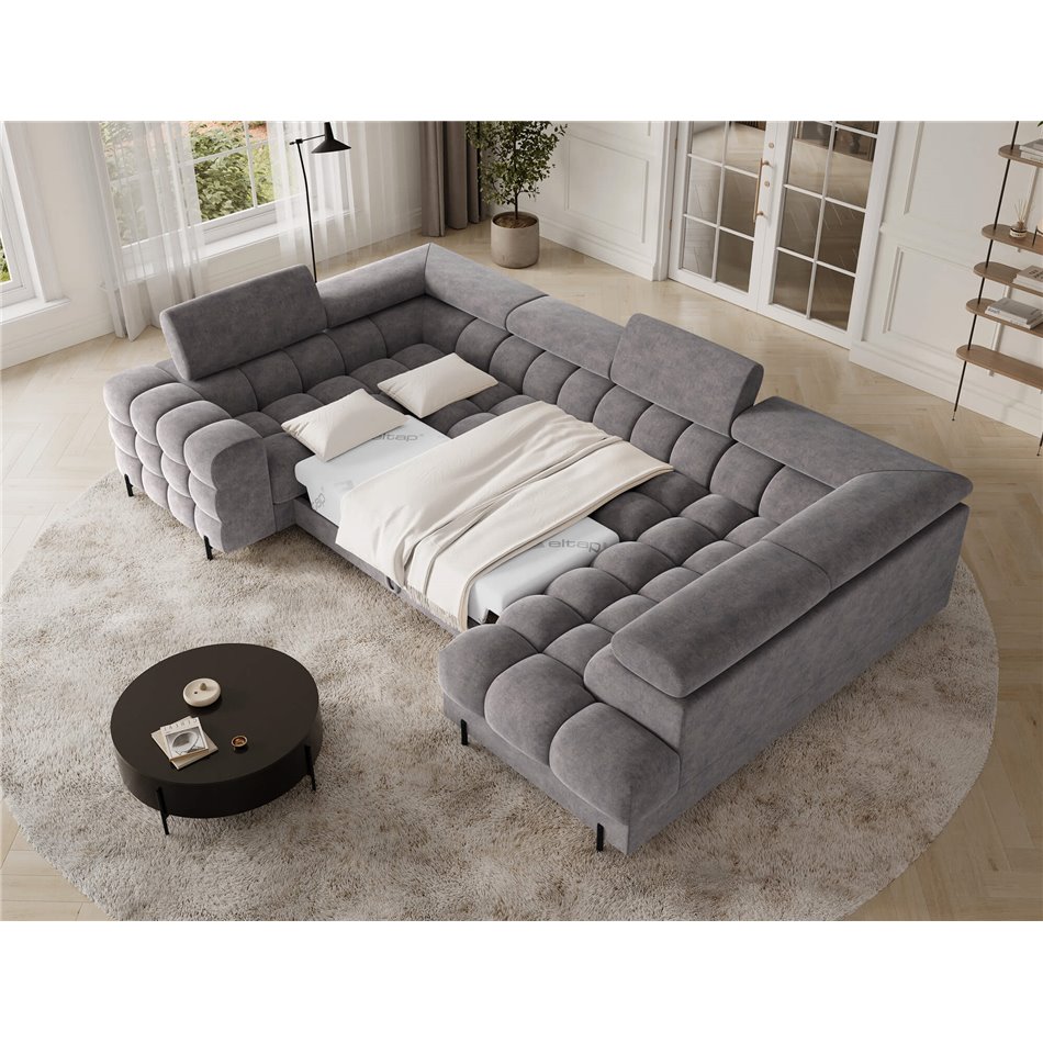 U-shaped sofa Efectory R, sleeping function, Aura 04, velvet, grey, H93x346x205cm