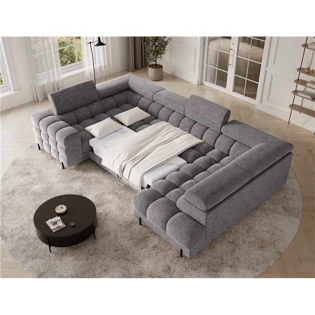 U-shaped sofa Efectory R, sleeping function, Aura 04, velvet, grey, H93x346x205cm