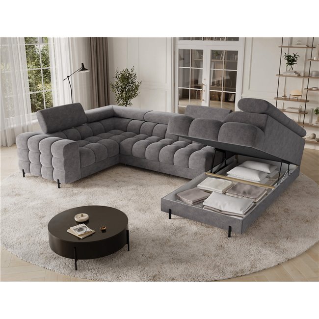 U-shaped sofa Efectory R, sleeping function, Aura 04, velvet, grey, H93x346x205cm
