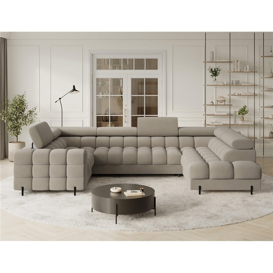 U-shaped sofa Efectory R, sleeping function, Aura 18, velvet, beige, H93x346x205cm