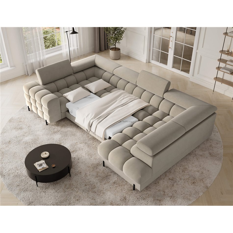 U-shaped sofa Efectory R, sleeping function, Aura 18, velvet, beige, H93x346x205cm
