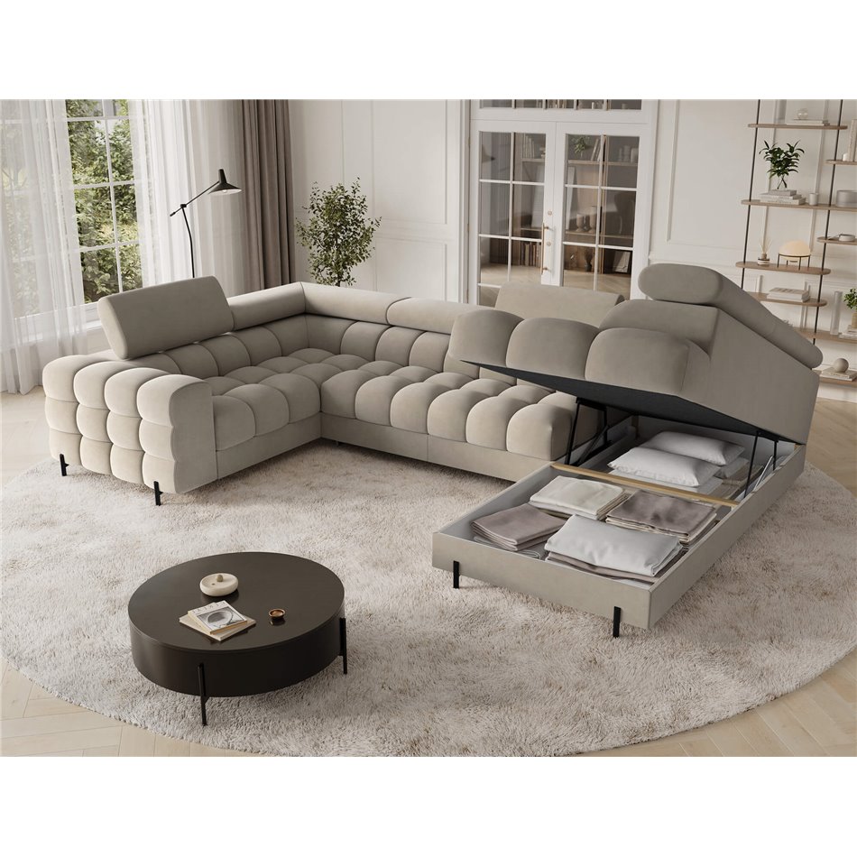 U-shaped sofa Efectory R, sleeping function, Aura 18, velvet, beige, H93x346x205cm