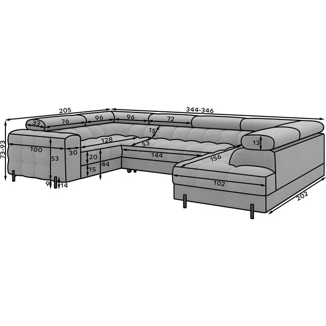 U-shaped sofa Efectory R, sleeping function, Baffix 20, beige, H93x346x205cm