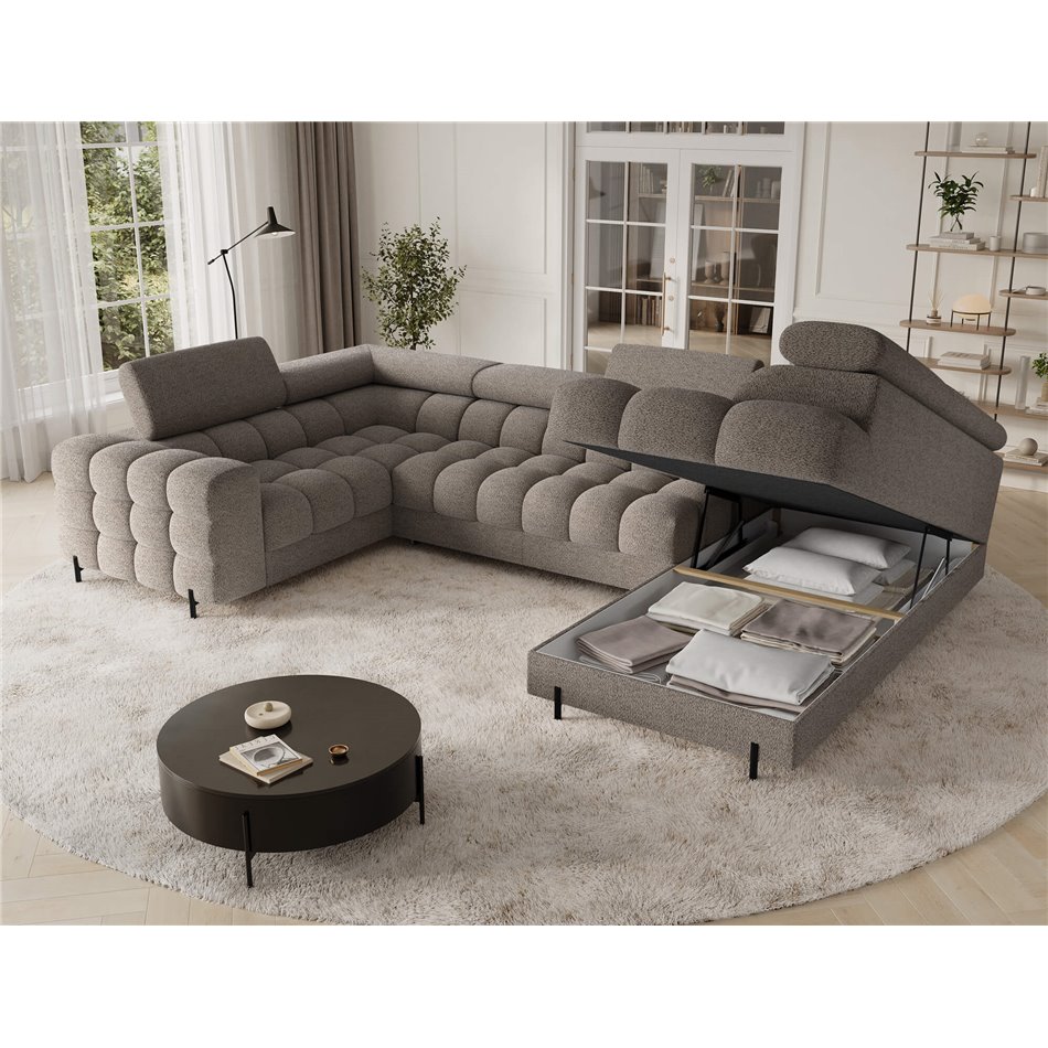 U-shaped sofa Efectory R, sleeping function, Royal 20, boucle, brown, H93x346x205cm