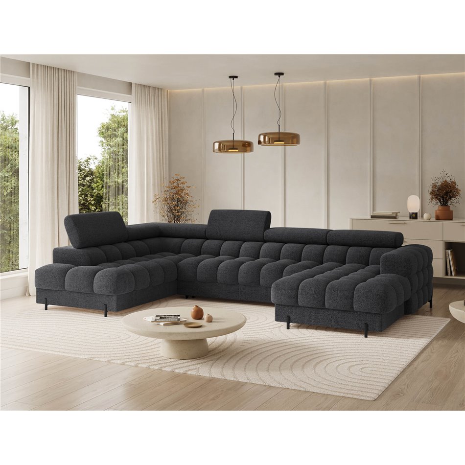 U-shaped sofa Elferaria L, sleeping function, Royal 05, boucle, dark grey, H93x358x202cm