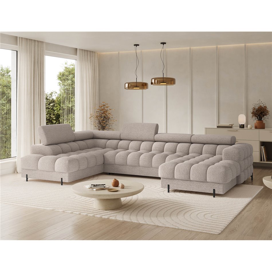 U-shaped sofa Elferaria L, sleeping function, Royal 18, boucle, beige, H93x358x202cm