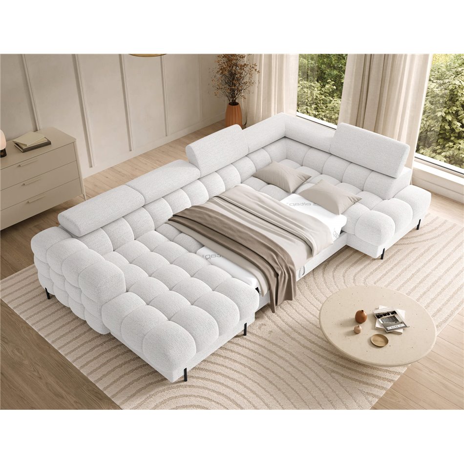 U-shaped sofa Elferaria R, sleeping function, Royal 01, boucle, white, H93x358x202cm