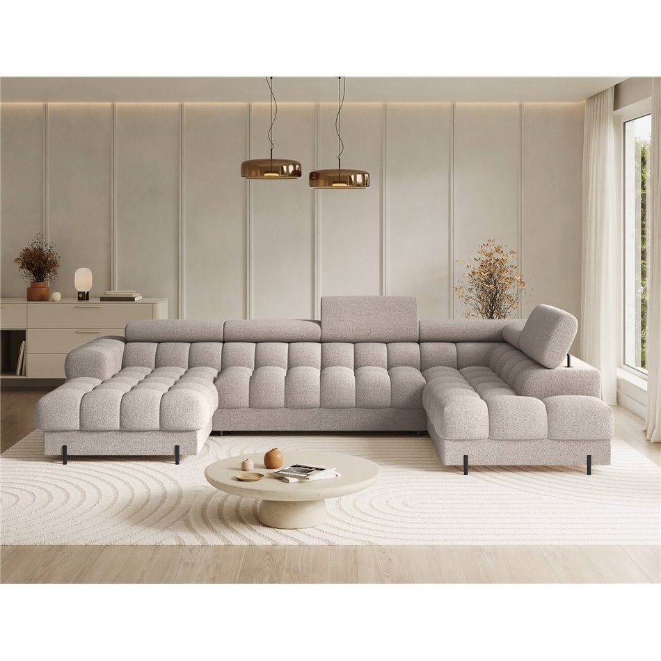U-shaped sofa Elferaria R, sleeping function, Royal 18, boucle, beige, H93x358x202cm