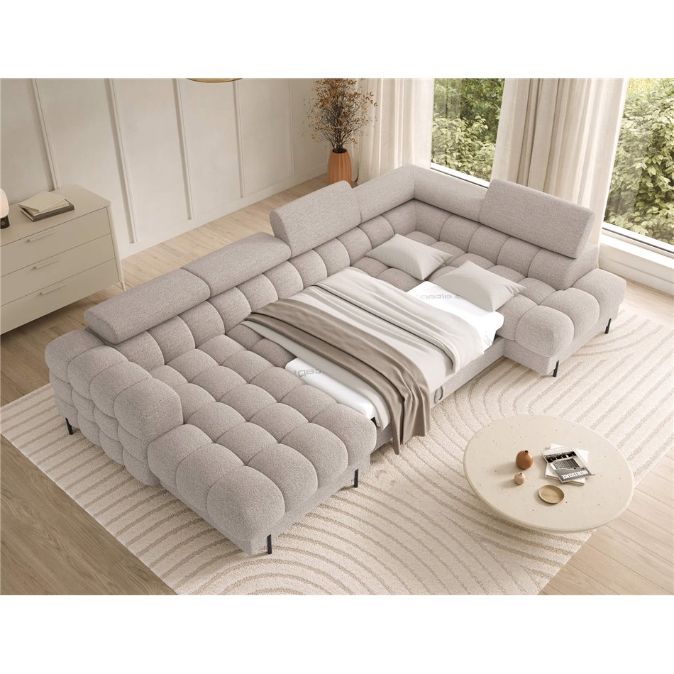 U-shaped sofa Elferaria R, sleeping function, Royal 18, boucle, beige, H93x358x202cm