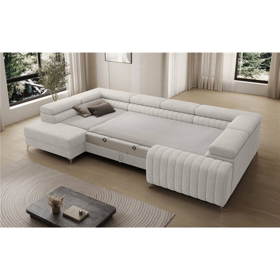 U-shaped sofa Eluis L, sleeping function, Royal 01, boucle, white, H92x347x202cm
