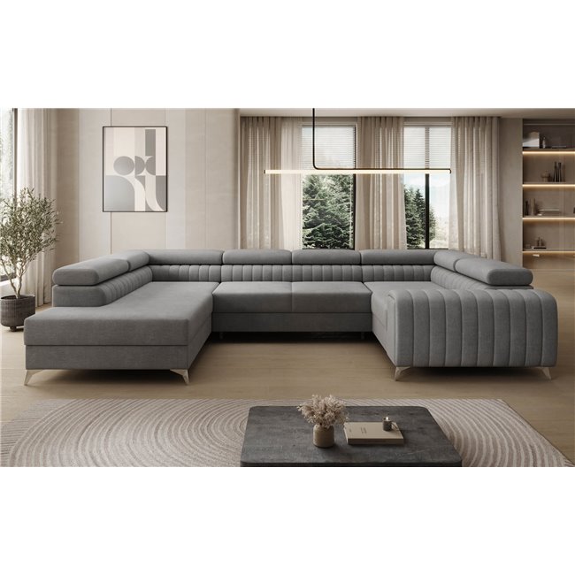 U-shaped sofa Eluis L, sleeping function, Monolith 85, velvet, grey, H92x347x202cm