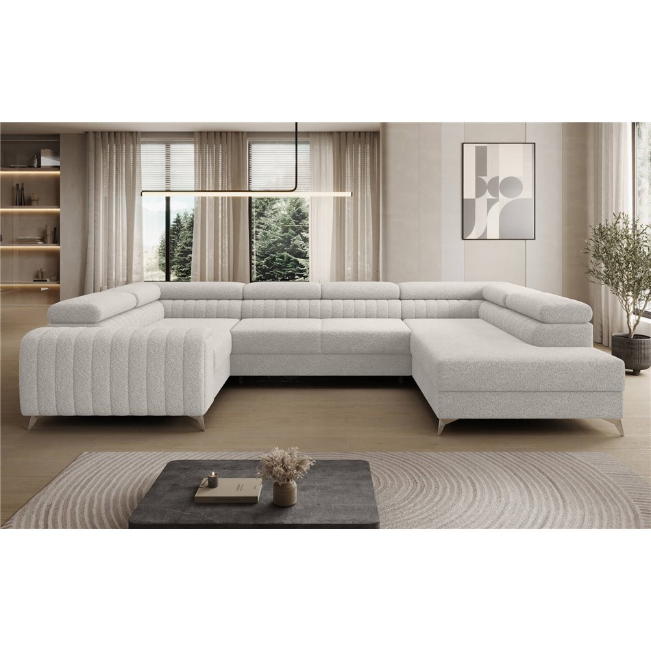 U-shaped sofa Eluis R, sleeping function, Royal 01, boucle, white, H92x347x202cm
