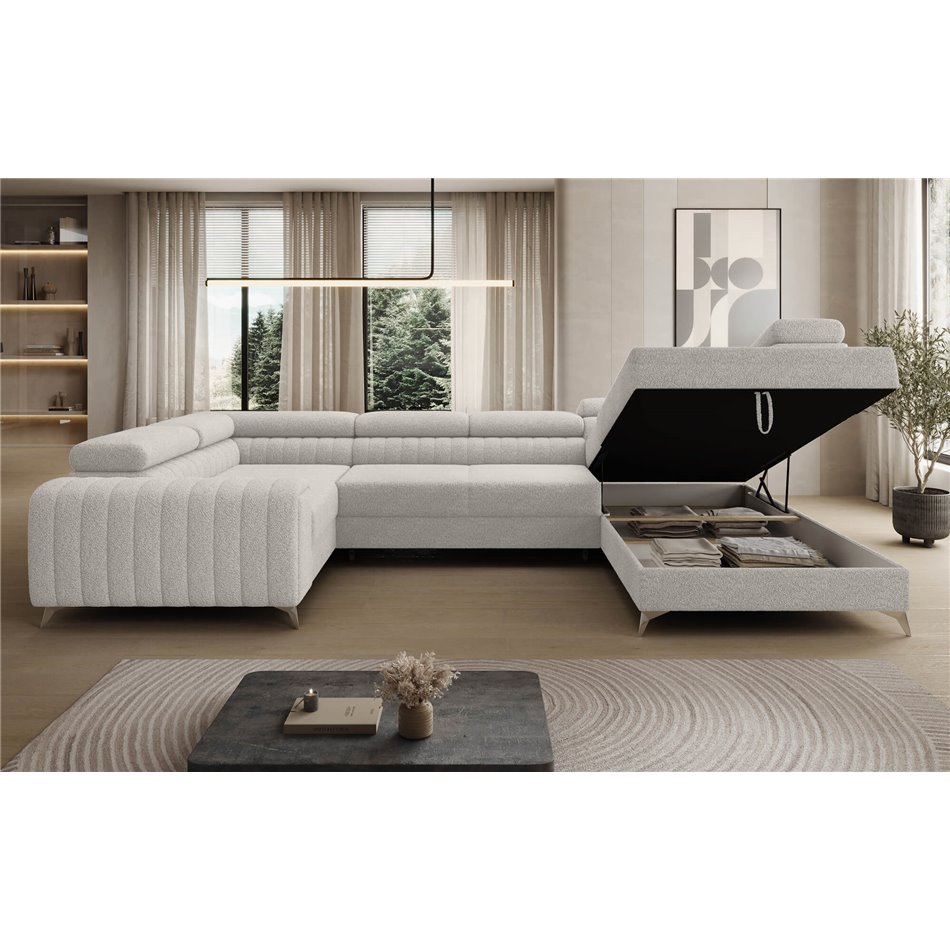 U-shaped sofa Eluis R, sleeping function, Royal 01, boucle, white, H92x347x202cm