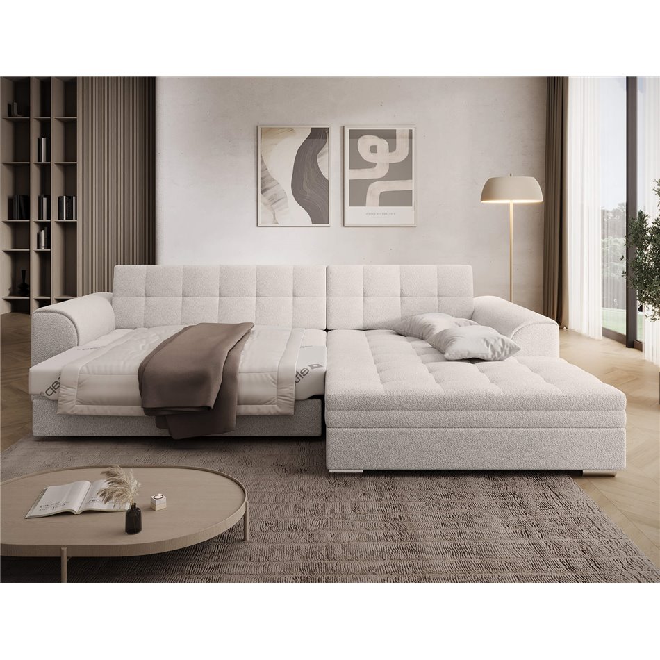 Corner sofa Erento R, sleeping function, Royal 01, boucle, white, H78x296x194cm