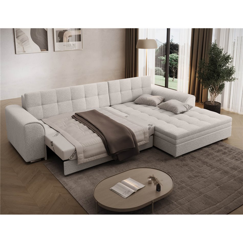 Corner sofa Erento R, sleeping function, Royal 01, boucle, white, H78x296x194cm