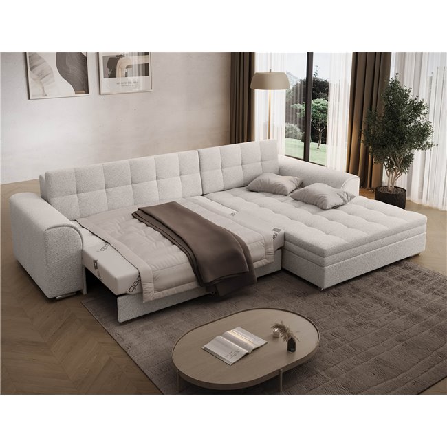 Corner sofa Erento R, sleeping function, Royal 01, boucle, white, H78x296x194cm